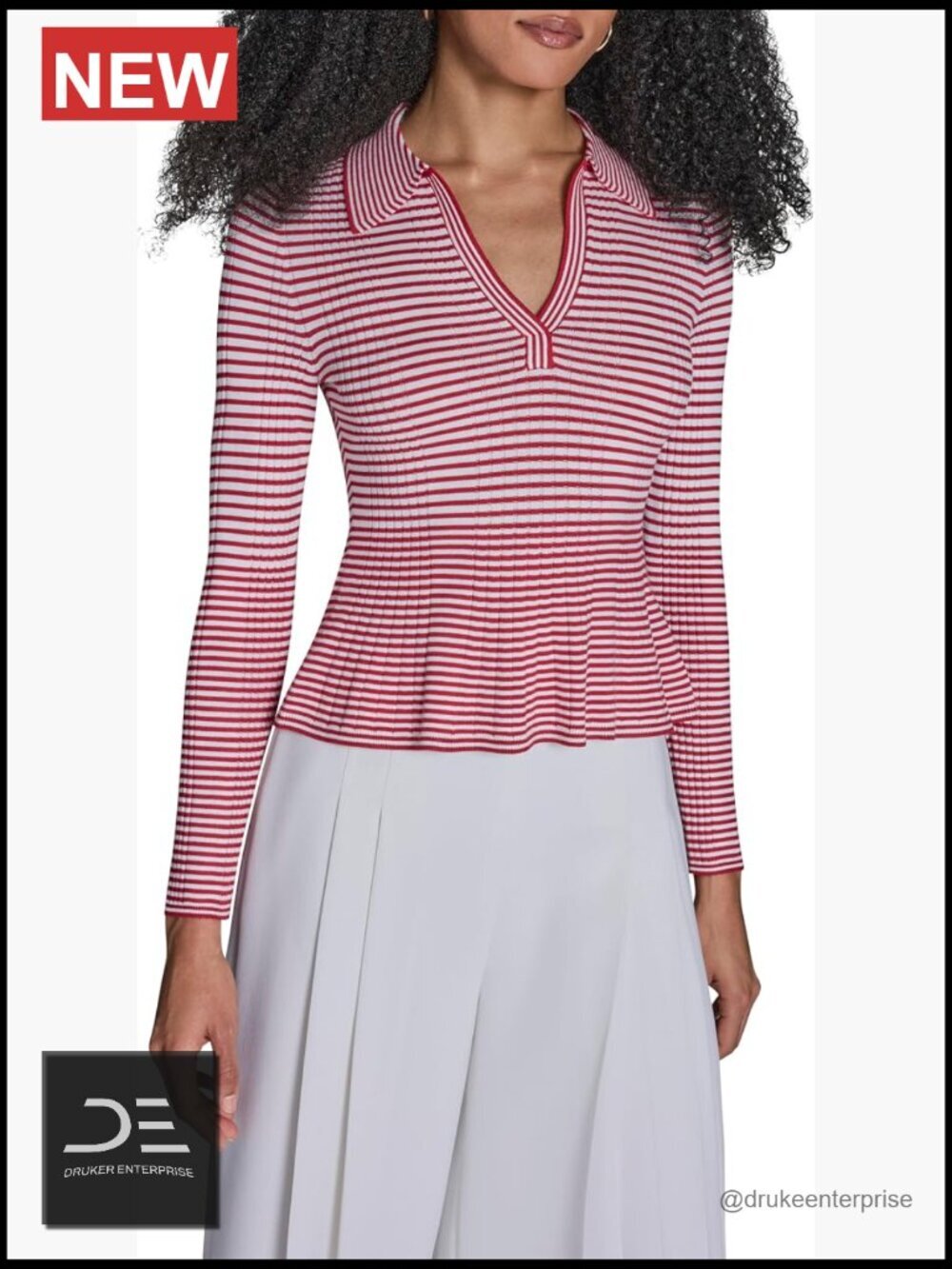 Knit Striped Long Sleeve Peplum Top V-Neck Fitted